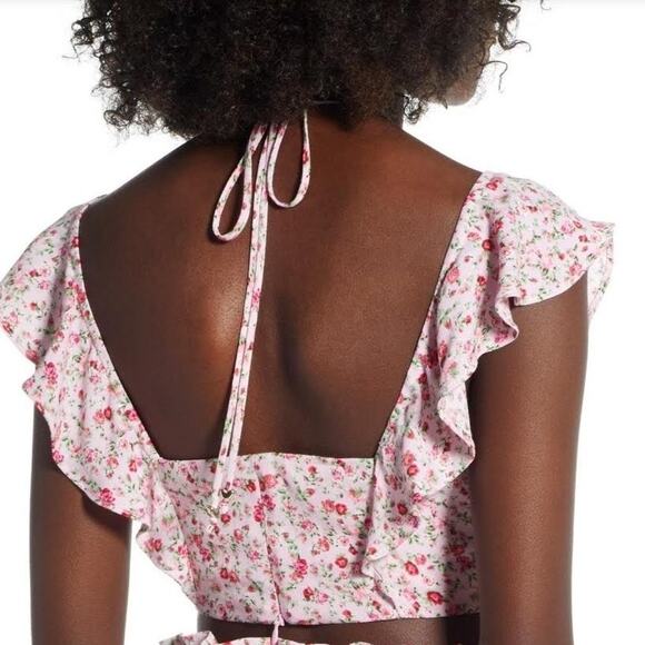 NWT AFRM Sienna Pastel Pink Floral Ruffle Cap Sleeve Adjustable Strap Crop Top L - Picture 2 of 12